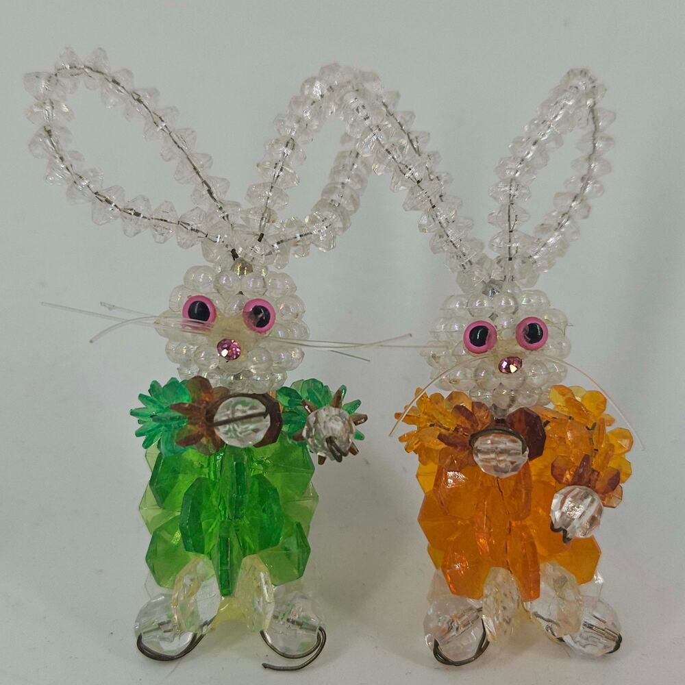 2 Vintage Handmade Folk Art Beaded Pipe Cleaner Bunny Rabbits Easter Decor